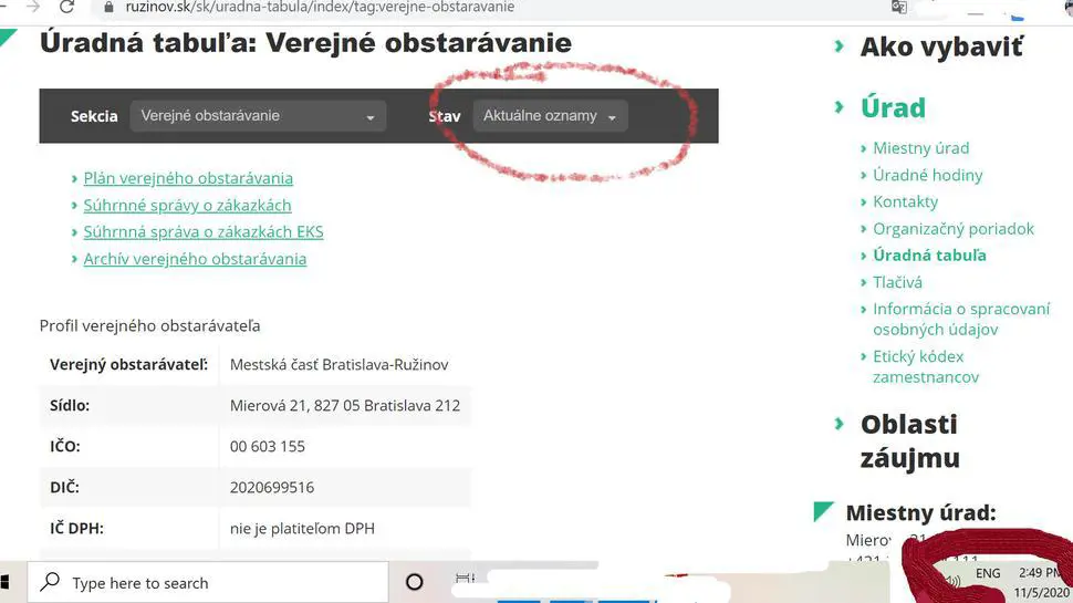 zapojiť sa do súťaže bolo možné do 6.11.2020. Informácia o obstarávaní na stránke Ružinova absentovala